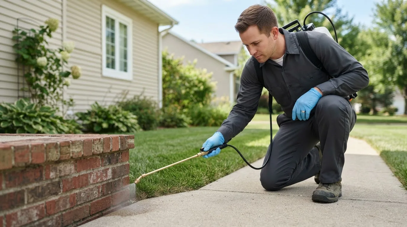 Pest control technician treating a home near Dorchester Center, MA